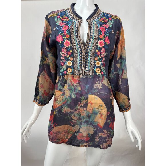 Johnny Was Embroidered Floral Tunic Top With 3/4 Sleeves & Mandarin Collar In Sh - Picture 12 of 16